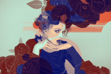 eyecatching beautiful woman artwork with roses and color effects in duotone