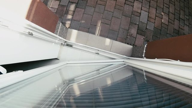 Leaving the cat go outside have fun 4K. Glassdoor top point of view of everything in focus, the cat freely walk outside the home.