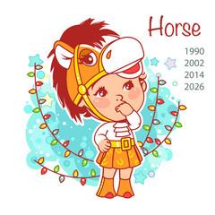 Chinese new year symbol. Cute little baby wear costume of horse. Little girl as horse. Baby boy or girl celebrate. Pony costume. Carnival costume. Kid celebrating new year. Vector illustration.
