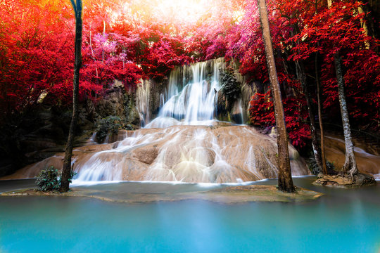 Landscape photo Saiyok Waterfall,Amazing waterfall in wonderful autumn forest, beautiful waterfall in rainforest at Kanchanaburi province, Thailand