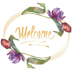 Purple tulip floral botanical flowers. Watercolor background illustration set. Frame border...