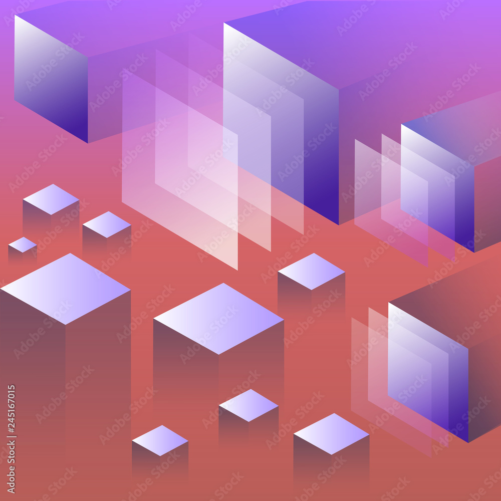 Poster vector isometric geometric pattern bright background with blocks, boards and cubes.