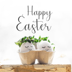 Happy Easter card. Cute Easter eggs with a painted face in a spring wreath with copy space for text. Happy easter