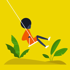 Young black female character swinging on a swing. Modern lifestyle. Summer. Having fun. Flat editable vector illustration, clip art