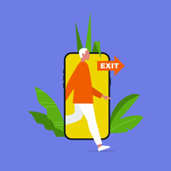 Digital detox. Young male character stepping out of the mobile phone screen. Modern lifestyle. Millennial user. Flat editable vector illustration, clip art