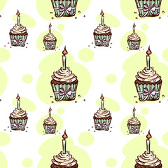 Seamless Pattern With Birthday Cupcake With Candle