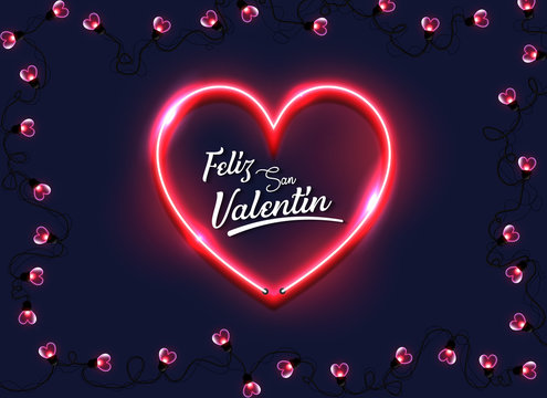 Spanish Happy Valentines Day greeting card with "Feliz San Valentin" text - valentines day lettering with valentine heart - Valentine Background.