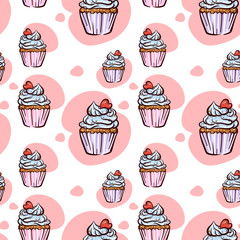 Seamless Pattern With Cupcake With Red Heart
