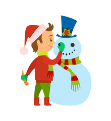 Christmas Holiday, Vacations of Boy with Snowman