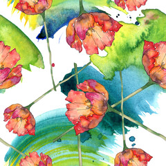 Red tulip. Floral botanical flower. Seamless background pattern. Watercolor illustration set.