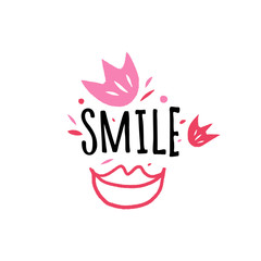 Smile quote and pink lips symbol. Decor elememts set, vector illustration.