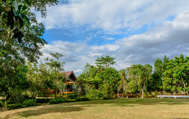 Lawn yard with home is surrounded by nature with blue sky background quiet atmosphere.