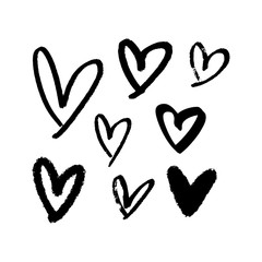 Collection of black brush hearts, vector illustrations. Hand drawn pen and ink painting.