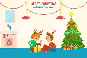 Obraz na płótnie Canvas Merry Christmas and Happy New Year Children Home