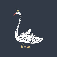 Naklejka premium Vector cute cartoon white swan art. Poster and banner element, children's book illustration, postcard.