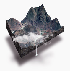 cross section view of mountains, river and waterfall