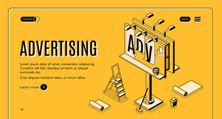 Advertising agency isometric vector web banner. Ladder, bucket with glue and partially glued banner on street billboard line art illustration. Outdoor advertising, promo campaign landing page template