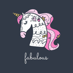Cute vector illustration of ornate unicorn head.
