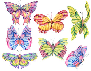 Fototapeta na wymiar Watercolor set of vintage colorful butterflies, nature design elements collection isolated on white background
