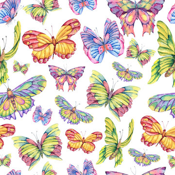 Watercolor seamless pattern of vintage colorful butterflies