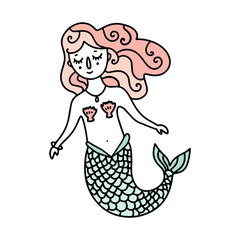 Beautiful vector little mermaid with pink hair illustration.