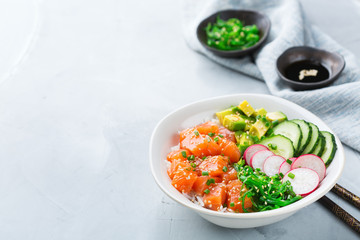 Fresh hawaiian salmon poke bowl for healthy lunch