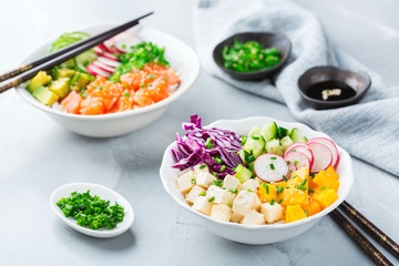 Fresh hawaiian salmon and tofu poke bowl for healthy lunch