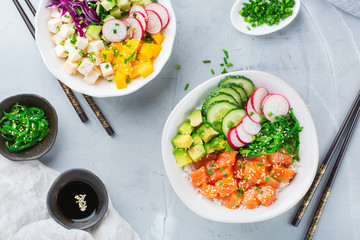 Fresh hawaiian salmon and tofu poke bowl for healthy lunch