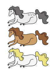 Vector lying different horses set. Poster and banner element, children's book illustration, postcard.