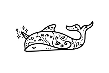 Vector cute patterned unicorn dolphin art. Poster and banner element, children's book illustration, postcard.