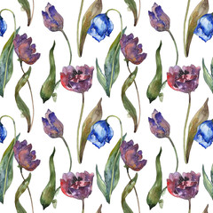 Purple and blue tulip floral botanical flower. Watercolor illustration set. Seamless background pattern.