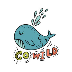 Naklejka premium Vector hand drawn cute little whale art. Poster and banner element, children's book illustration, postcard.
