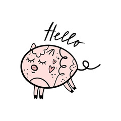 Vector hand drawn funny cute pig girl illustration.