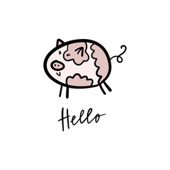 Vector hand drawn funny cute pig girl illustration.
