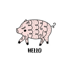 Vector hand drawn funny cute pig girl illustration.