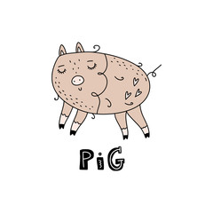 Vector hand drawn funny cute pig girl illustration.