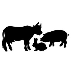 Fototapeta na wymiar Black silhouettes of three pets, cow, pig, rabbit