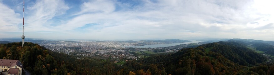 Panorama photo of Zurich, Switzerland, from Uetliberg view tower.