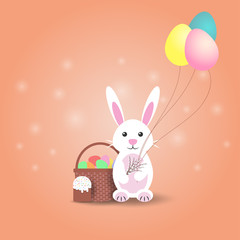 Easter Bunny holding balloons in the shape of Easter eggs sitting near basket with eggs and Easter cake-vector flat illustration of eps10