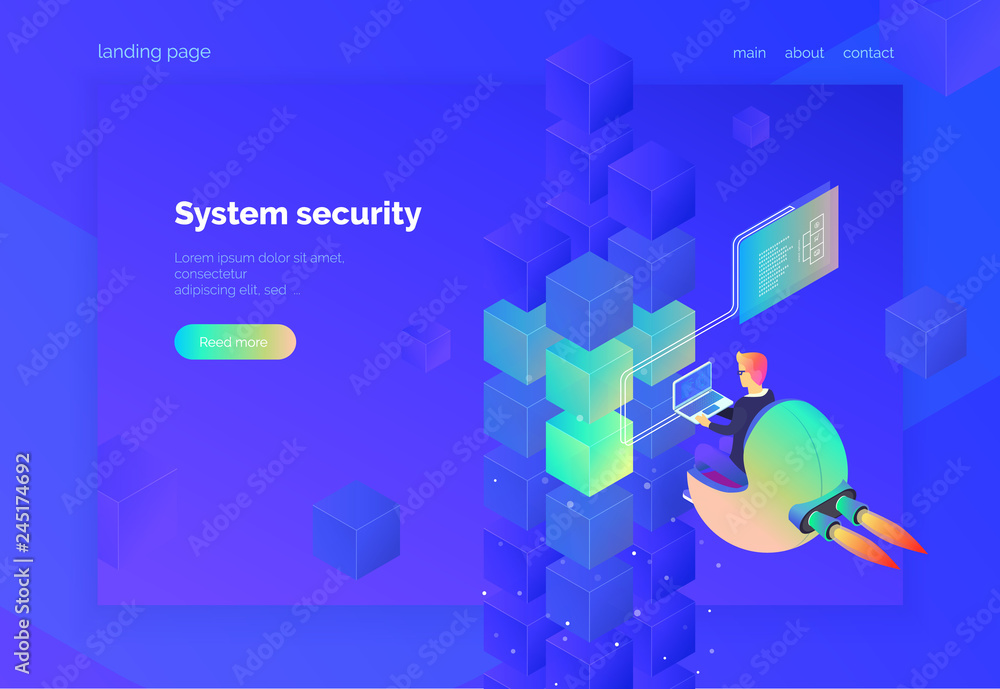 Poster system security. landing page for web. a man with a laptop monitors the digital process and analyzes