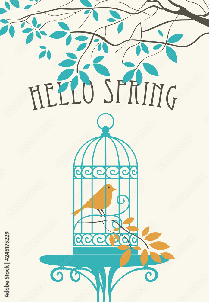 Aufkleber vector banner with lettering hello spring. spring landscape with the bird is in the cage on the tabl