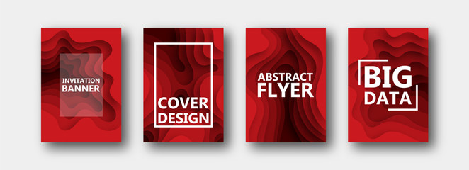 A set of four options for banners, flyers, brochures, cards, posters for your design, in red colors. Paper style. 10 eps