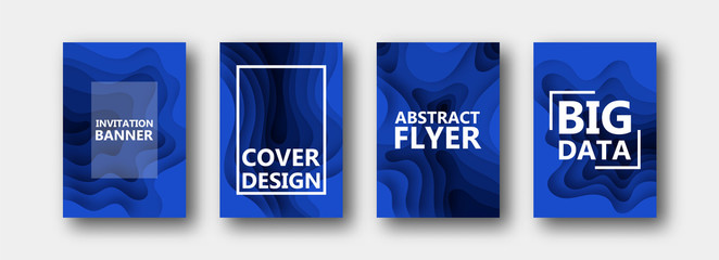 A set of four options for banners, flyers, brochures, cards, posters for your design, in blue colors. Paper style. 10 eps