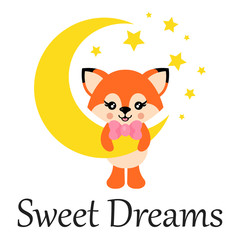 cartoon cute fox with tie on the moon and text