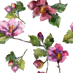 Red purple camelia floral botanical flower. Watercolor illustration set. Seamless background pattern.