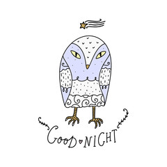 Vector cute little owl and lettering text Good night. Poster and banner element, children's book illustration.
