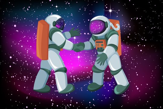 Two astronauts meeting and handshake on space smooth glow night sky background