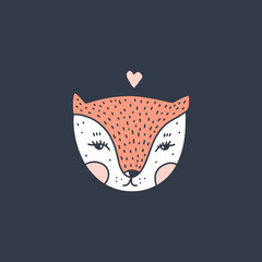 Vector cute baby fox in love. Poster and banner element, children's book illustration, postcard.