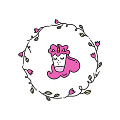 Cute vector illustration of little unicorn head and floral frame. Isolated on white background.