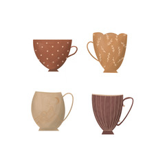 Set of different tea and coffee mugs. Vintage drawing of mugs.